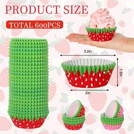 JarThenaAMCS 600Pcs Strawberry Cupcake Liners Red Pink Cupcake Wrappers Sweet Fruit Disposable Paper Muffin Brownie Cups Storage Container for Baking Party Supplies, 2 x 1.2 in