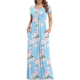 VIISHOW Women's Short Sleeve Floral Dress Loose Plain Maxi Dresses Casual Long Dresses with Pockets(Floral Light Blue Large)