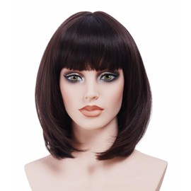 Rugelyss Dark Brown Short Straight Bob Wig with Bangs 12 Inches Brunette Synthetic Hair Wigs for Women and Girls with Wig Cap