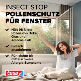 tesa Pollenschutzgitter - zuschneidbarer, transparenter Pollenschutz für Allergiker - für nach innen öffnende Fenster - inkl. selbstklebendem Klettband - Anthrazit - 120 cm x 240 cm