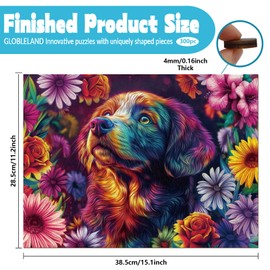GLOBLELAND 300Pcs Colorful Dog and Flowers Wooden Jigsaw Puzzles for Adult 11.22x15.16inch Colorful Golden Retriever Wood Puzzles Holiday Birthday Gifts for Adults