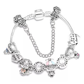 Deluxe  Brazalete 10 Charms Flores Blancas Plateada Love