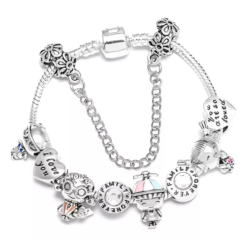 Deluxe Brazalete 10 Charms Flores Blancas Plateada Love