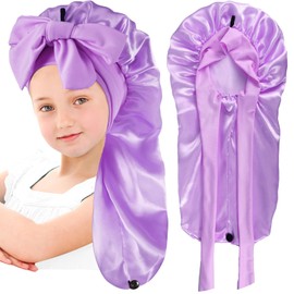 IJRPLM Kids Long Hair Bonnet for Sleeping - Silk with Tie Band for Braid Curly Hair, Ages 3-12 (Purple)