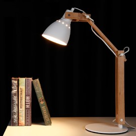 TORCHSTAR LED Swing Arm Desk Lamp, Wood Integrated Table Lamp, Heavy Base, 4-Level Dimmer, 5W, 2800K-3000K Warm White, Reading Lights for Office, Living Room, Bedroom, Bedside Nightstand Lamp, White