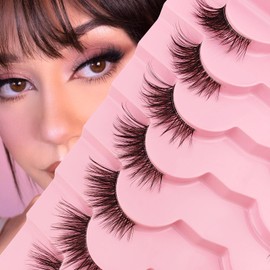 7P-CZ-F05 Clear Band Half Eyelashes, Cat Eye, 15 mm Short Cat Eye Artificial Eyelashes, Natural Look, 1/2 Corner False Eyelashes Set, 3/4 Corner Eyelashes, Reusable, Lightweight Makeup Eyelashes