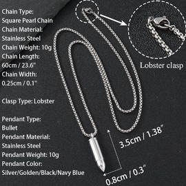 VBSUT Stainless Steel Bullet Pendants Necklaces for Men Women, 23.6"" Square Pearl Chain (Silver)