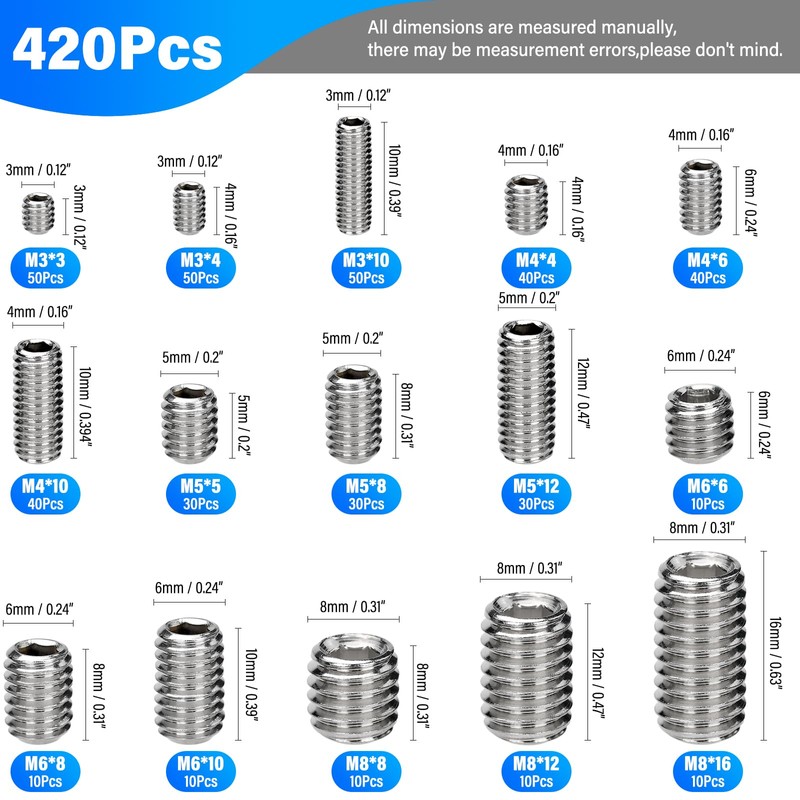 BEAUGIREW 420 Pieces M3 M4 M5 M6 M8 Grub Screw