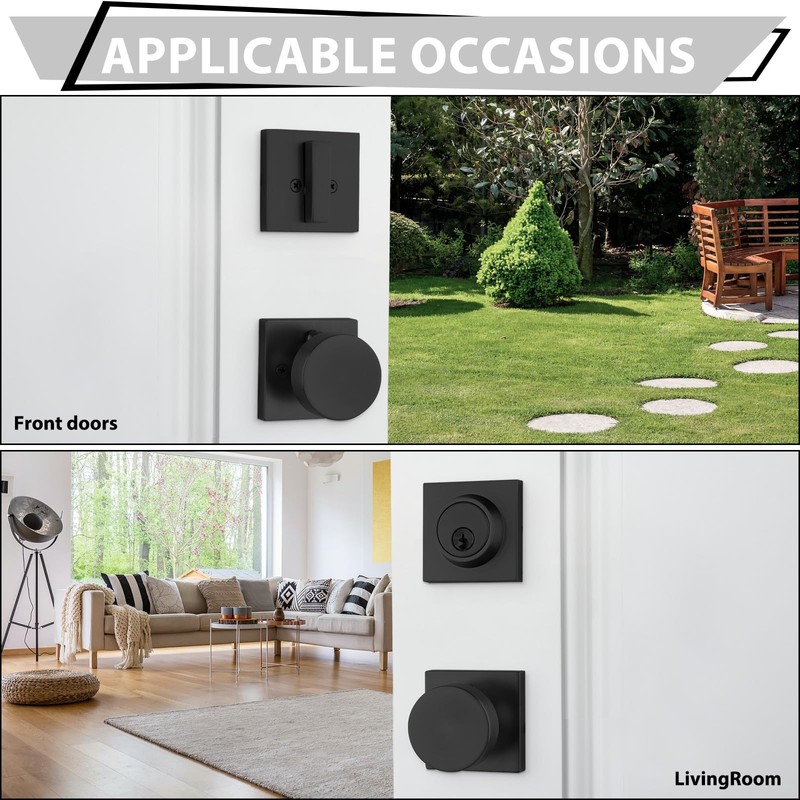 Haidms Black Door Knobs with Deadbolt, Zinc-Alloy Matte Black Front