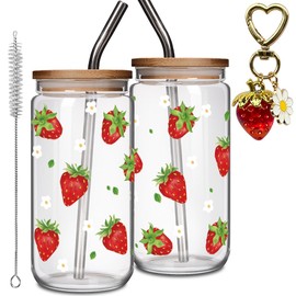Strawberry Coffee Glasses Cup with Strawberry Keychain , Cute Strawberry Themed Glass Cup Gifts for Bestie Best Friend, Birthday Gifts for Strawberry Lovers Women, Strawberry Lovers Christmas Gifts