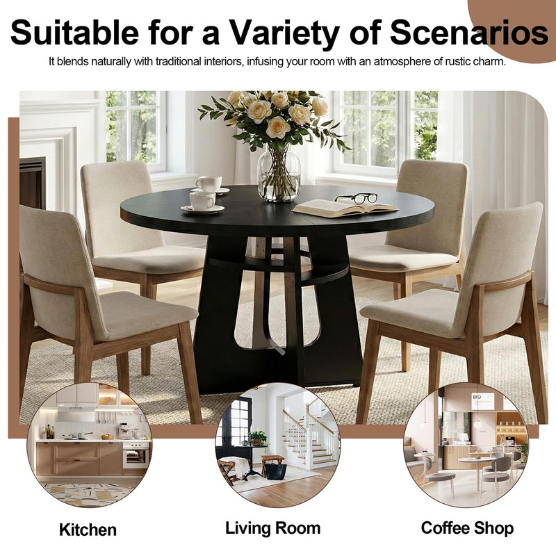 HELLYMOON 47" Round Dining Table for 4-6 Black, Farmhouse Wood