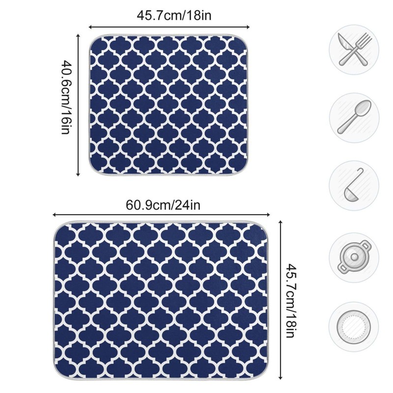 Navy Blue Trellis Lattice Dish Drying Mat for Kitchen Counter