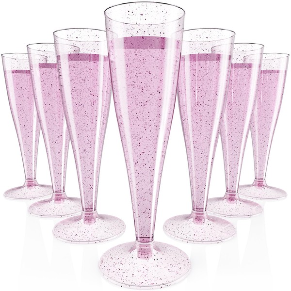 JOLLY CHEF 100 Pack Plastic Champagne Flutes Disposable 4.5 oz Purple Glitter Plastic Champagne Glasses Perfect for Wedding, Thanksgiving Day, Christmas