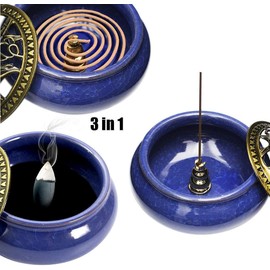 Incense Burner Bowl with Brass lid+ Incense Holder+ Bracket+ Fire Mat for Home Decor Yoga Spa Meditation 4'' (Royal Blue)