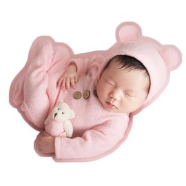 Newborn Photography Outfit Baby Photoshoot Props Prince Infant Photo Prop Bear Outfits New Born Boy Clothes (Pink)