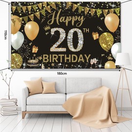 WVMNQO Happy Birthday Banner, Luxury 20th Birthday Decorations, Black Gold, 180x110cm