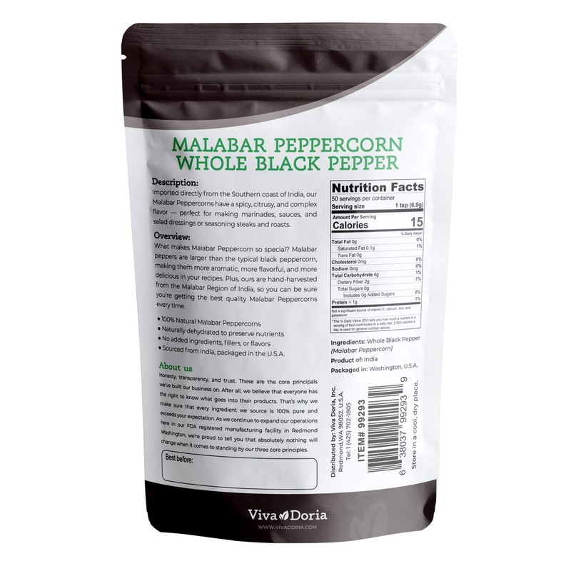 Viva Doria Malabar Black Peppercorns, Whole Black Pepper, Black Peppercorn