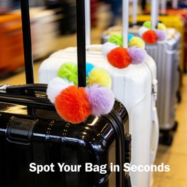 Pom Pom Ring Luggage Tag with Silicone Tie - Colorful Fidget Toy & Stress Reliever, Cute Suitcase Identifier for Travel, Backpack, Keychain, Fun to Touch and Play