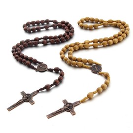 tenghong2021 Christian Handmade Wooden Catholic Rosaries Necklace Prayer Beads Holy Soil Medal & Cross Catholic Wood Rosary Beads for Men Women Pastor -Light Brown + Dark Brown