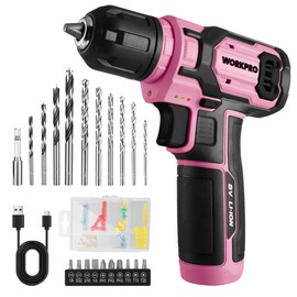 WORKPRO Pink Power Drill - 8V Cordless Drill Kit with 53pcs Bit Set, 2.0Ah Battery, 3/8" Chuck and Variable Speed Trigger
