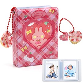 3 Inch Mini Photo Album Kpop Photocard Holder, Catcan Photo Card Book Kpop 40 Pockets With Heart Cherry Pendant and Rabbit Card, Love Heart Hollow Out Photocard Binder Kpop For Collecting Picture(Red)