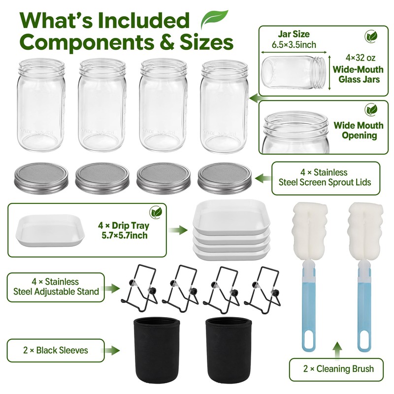 4 Pack Sprouting Jar Kit with Wide Mouth Mason Jars,Lids,Stands,Trays