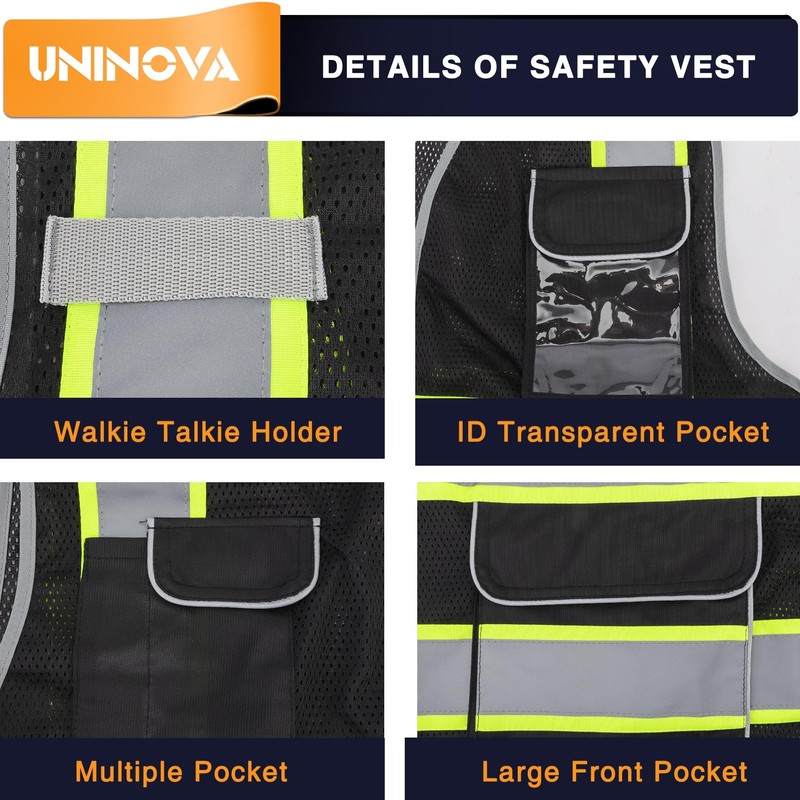 UNINOVA High Visibility Safety Vest - Multi Pockets Reflective Mesh