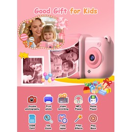 Kids Camera Instant Print, Christmas Birthday Gifts for Girl Boys 3-12 Years Old, Dual Camera HD Digital Video Cameras for Toddler 4 Rolls Print Paper & 32G Card (Pink)