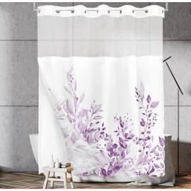 Tititex No Hooks Snap in Liner Lilac Light Purple Eucalyptus Leaves Shower Curtain, Hotel Luxury Double Layers Waterproof Fabric & See-Through Top Window Bathroom Decorative 72x72 Inch