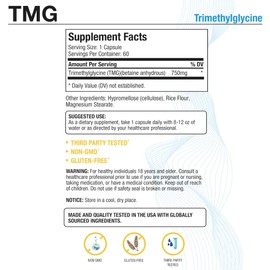 Puregen Labs TMG 750 mg – Trimethylglycine Supplement – Non-GMO, NO Gluten and Dairy | Made in USA - 2 Pack | Total 120 Vegetarian Capsules