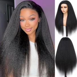 20 Inch Kinky Straight Half Wig Human Hair 200 Density 3 In 1 Half Wigs Glueless Wear and Go Beginner Friendly Kinky Straight Wig Human Hair Drawstring Seamless Flip Over Headband Wig for Women