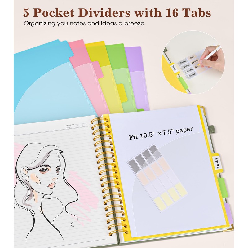 Hardcover Large Spiral Notebook 8.5" x 11" with Removable Dividers