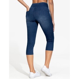 THE GYM PEOPLE Women's High Waisted Stretchy Capri Jeggings Pants Tummy Control Pull on Skinny Jean Leggings with Pockets Dark Blue