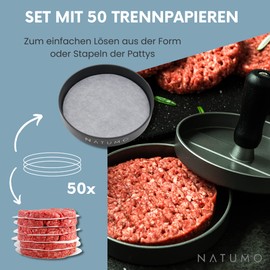 NATUMO Burger Press Set of Hamburger Press and Burger Paper (50 x Release Paper), Burger Maker Made of Cast Aluminium (Diameter 11 cm, 200 g), Professional Burger Pattie Press with Non-Stick Coating