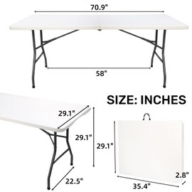 Goaste 6 Foot Folding Table, Portable Plastic Dining Table, Fold-in-Half Heavy Duty Table Indoor Outdoor for Camping, Picnic, Party, BBQ, Wedding, White