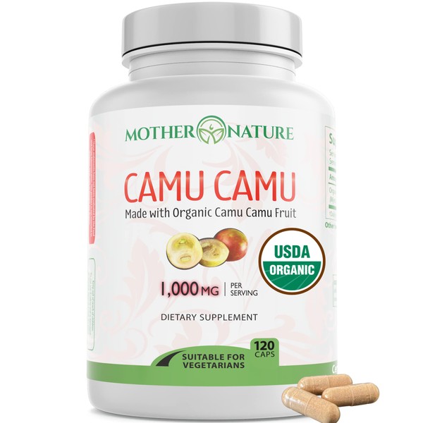 Organic Vitamin C from Camu Camu Capsules 1,000mg, Packed with Natural VIT C, Raw Antioxidants - Immune Support Supplement & Anti-Aging for Skin - Camu Camu Powder Organic, Vegan, Non-GMO (120 Count)
