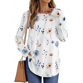Zeagoo Womens Tunic Tops Long Sleeve Boho Tops Crew Neck Thumb Hole Long Shirts Fall Fashion 2025 White Floral Plus Size XL