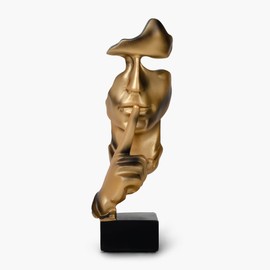 greafy Gold Decorative Sculpture Silence - Abstract Face Silence Gold Statue Made of Resin Figure Thinker on Black Base as Living Room Decoration Modern Decorative Figure for Bedroom and Office, 27 cm