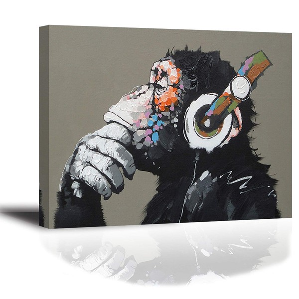 Monkey Listening to Music Canvas Painting Banksy Modern Animal Decor Painting Chimpanzee Doodle PIY PAINTING Art Panel Wall Art Frame Poster Framed Finished Artwork Framed Art Reproduction Artwork Home Decor Wall Art Reproduction Home Decor Wall Hanging 