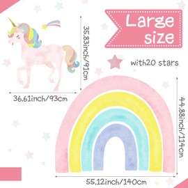 Affrolling Large Rainbow Wall Decals Watercolor Unicorn Wall Stickers with Stars Pastel Rainbow Decor Waterproof Peel and Stick Decals for Walls Girls Bedroom Baby Nursery Classroom Decor 55x 44 in