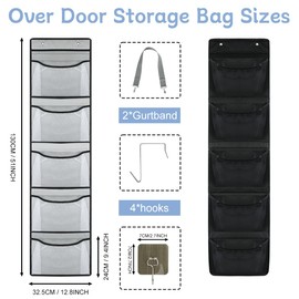 Over Door Hanging Storage, 2PCS Back of Door Organizer Bag with 5 Mesh Pockets, Bedroom Bathroom Wall Closet Wardrobe Shelves Foldable Organiser for Toys Clothes Wallets Towels Nappies, Grey Black