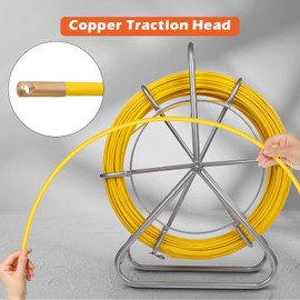 FAHKNS 425FT Fish Tape Fiberglass 1/4 inch(6MM) Fishing Wire Puller Duct Rodder Cable Running Electrical Fishtape Tool Rod with Steel Reel Stand Through Wall Pipe Length Marking in Meter