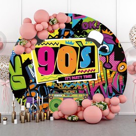 AOFOTO 6.5x6.5ft 90s Discos Round Backdrop Cover Party Decorations Back to The 80s 90s Hip Hop Music Theme Retro Radio Graffiti Wall Rock and Roll Circle Background Birthday Banner Photo Booth Props