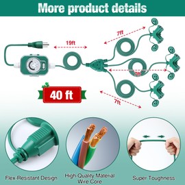 40 Ft Extension Cord Outdoor with Outlet Timer, 1 to 3 Splitter Extension Cord with Multiple Outlets 16/3 SJTW Green Split Extension Cable with Weatherproof Covers for Holiday Christmas Lights