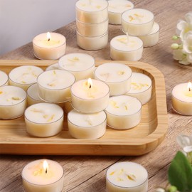 Jasmine Scented Tealight Candles, 8 Pack- Extended 4-5h Clear Cup Scented Tea Lights with Handmade Floral Surface, 100% Natural Palm Wax Tealights Smokeless for Romantic Dinner, Meditation