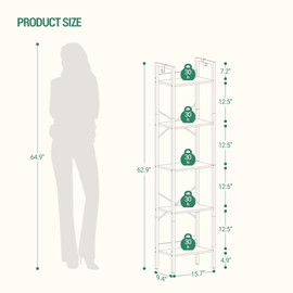 Hzuaneri Bookshelf, Book Shelf, Industrial Bookcase with 2 Hooks, Coner Shelf Storage Organizer for Home Office, Living Room, Bedroom, Kitchen, 5-Tier White Gold BC10513G