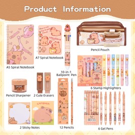 Ulema Cute Capybara Stationery Set,Capybara School Supplies,Capybara Pencil Case with Compartments BallPoint Pen, Gel Pens, Pencils, Erasers, Pencil Sharpener, Notebooks, Sticky Notes,