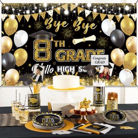 Ushinemi 8th Grade Graduation Decorations, Bye Bye 8th Grade Hello High School Banner, 2025 Graduation Party Supplies, 6 x 3.6 ft