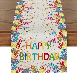 Artoid Mode Happy Birthday Table Runner, Gifts Polka Dot Hats Kitchen Dining Table Decoration for Outdoor Home Party 13x72 Inch
