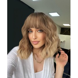 AISI HAIR Synthetic Wavy Curly Bob Wig with Bangs Ombre Brown mix Blonde Wig Short Bob Wavy Hair Wigs for Women Synthetic Heat Resistant Bob Wigs